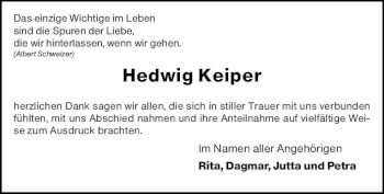 Traueranzeige von Hedwig Keiper von vrm-trauer Wiesbadener Kurier