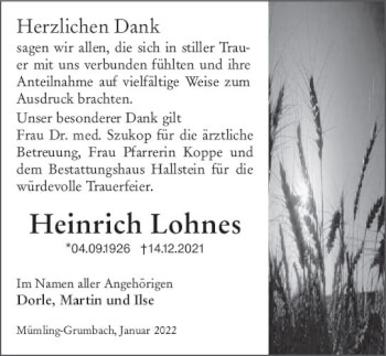 Traueranzeige von Heinrich Lohnes von vrm-trauer Odenwälder Echo