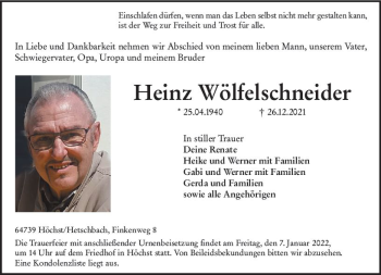 Traueranzeige von Heinz Wölfelschneider von vrm-trauer Odenwälder Echo