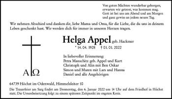 Traueranzeige von Helga Appel von vrm-trauer Odenwälder Echo