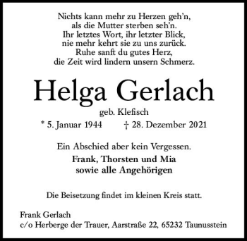 Traueranzeige von Helga Gerlach von vrm-trauer Wiesbadener Kurier