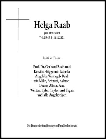 Traueranzeige von Helga Raab von vrm-trauer Wiesbadener Kurier