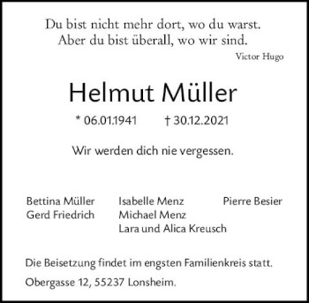Traueranzeige von Helmut Müller von vrm-trauer Wiesbadener Kurier