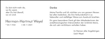 Traueranzeige von Herman-Hartmut Weyel von vrm-trauer AZ Mainz