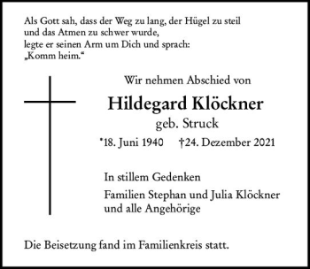 Traueranzeige von Hildegard Klöckner von vrm-trauer Allg. Zeitung Bad Kreuznach
