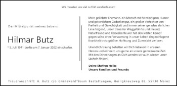 Traueranzeige von Hilmar Butz von vrm-trauer AZ Mainz