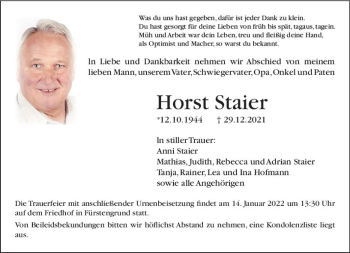 Traueranzeige von Horst Staier von vrm-trauer Odenwälder Echo