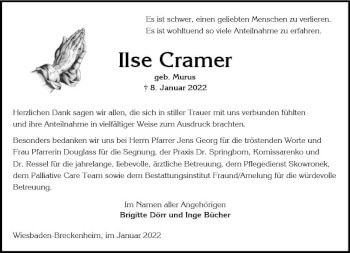 Traueranzeige von Ilse Cramer von vrm-trauer Wiesbadener Kurier