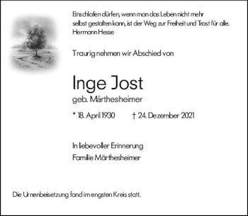 Traueranzeige von Inge Jost von vrm-trauer Wormser Zeitung