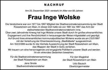 Traueranzeige von Inge Wolske von vrm-trauer Rüsselsheimer Echo / MainSpitze