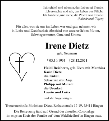 Traueranzeige von Irene Dietz von vrm-trauer Allgemeine  Zeitung Ingelheim-Bingen
