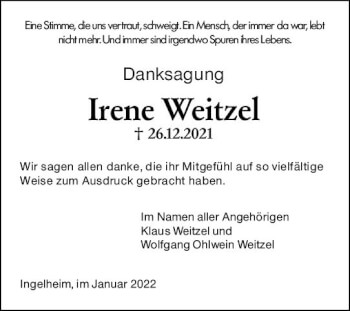 Traueranzeige von Irene Weitzel von vrm-trauer Allgemeine  Zeitung Ingelheim-Bingen
