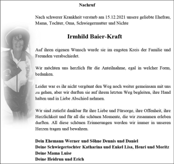 Traueranzeige von Irmhild Baier-Kraft von vrm-trauer Rüsselsheimer Echo / MainSpitze