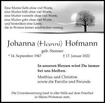 Traueranzeige von Johanna Hofmann von vrm-trauer AZ Mainz