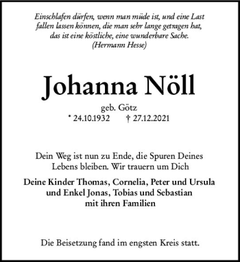 Traueranzeige von Johanna Nöl von vrm-trauer Darmstädter Echo