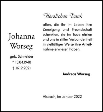 Traueranzeige von Johanna Worseg von vrm-trauer Darmstädter Echo