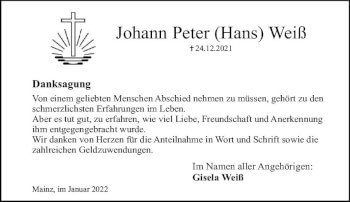 Traueranzeige von Johann Peter Weiß von vrm-trauer AZ Mainz