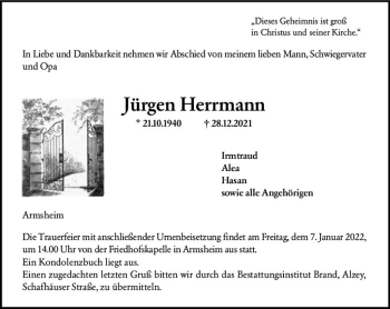 Traueranzeige von Jürgen Herrmann von vrm-trauer Allgemeine Zeitung Alzey