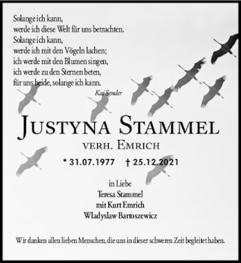Traueranzeige von Justyna Stammel von vrm-trauer Allgemeine  Zeitung Ingelheim-Bingen
