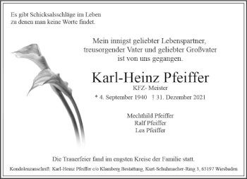 Traueranzeige von Karl-Heinz Pfeiffer von vrm-trauer Wiesbadener Kurier