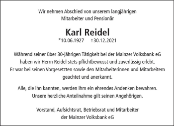 Traueranzeige von Karl Reidel von vrm-trauer AZ Mainz