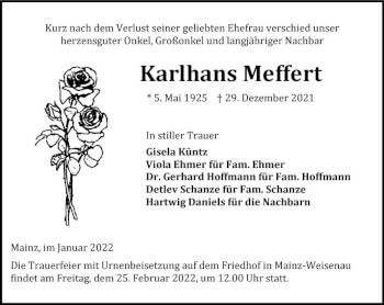 Traueranzeige von Karlhans Meffert von vrm-trauer Allgemeine Zeitung Alzey