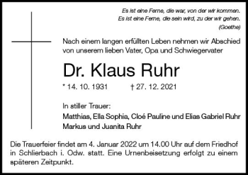 Traueranzeige von Klaus Ruhr von vrm-trauer Darmstädter Echo