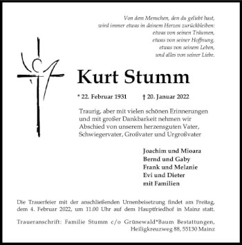 Traueranzeige von Kurt Stumm von vrm-trauer Allgemeine  Zeitung Ingelheim-Bingen