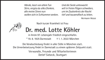 Traueranzeige von Lotte Köhler von vrm-trauer Darmstädter Echo