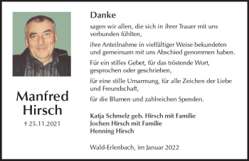 Traueranzeige von Manfred Hirsch von vrm-trauer Bürstädter/Lamperth. Ztg/Starkenburger