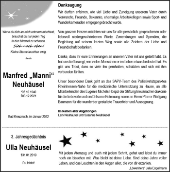 Traueranzeige von Manfred Neuhäusel von vrm-trauer Allg. Zeitung Bad Kreuznach