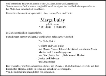Traueranzeige von Marga Lulay von vrm-trauer Bürstädter/Lamperth. Ztg/Starkenburger