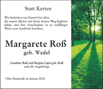 Traueranzeige von Margarete Roß von vrm-trauer Darmstädter Echo