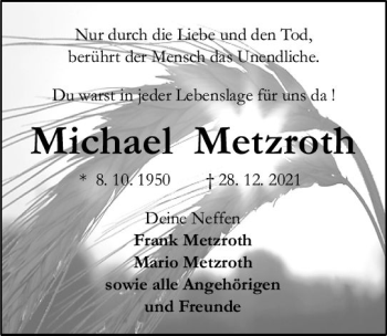 Traueranzeige von Michael Metzroth von vrm-trauer Allgemeine  Zeitung Ingelheim-Bingen