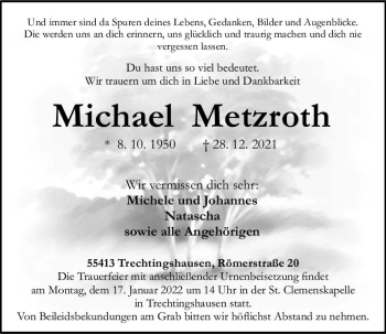 Traueranzeige von Michael Metzroth von vrm-trauer Allgemeine  Zeitung Ingelheim-Bingen