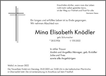 Traueranzeige von Mina Elisabeth Knödler von vrm-trauer Wiesbadener Kurier