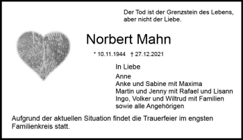 Traueranzeige von Norbert Mahn von vrm-trauer DieburgerAnzeiger/Groß-Zimmerner Lokala