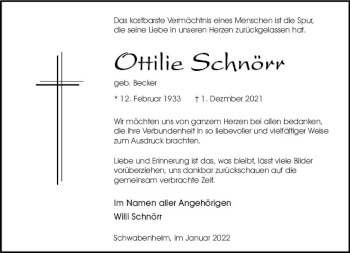 Traueranzeige von Ottilie Schnörr von vrm-trauer Allgemeine  Zeitung Ingelheim-Bingen