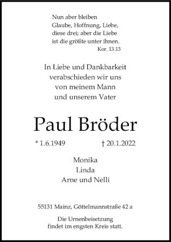 Traueranzeige von Paul Bröder von vrm-trauer AZ Mainz