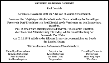 Traueranzeige von Paul Dietrich von vrm-trauer Odenwälder Echo