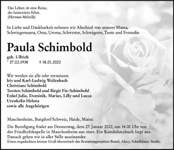 Traueranzeige von Paula Schimbold von vrm-trauer Allgemeine Zeitung Alzey