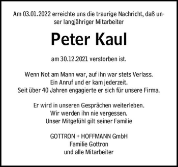 Traueranzeige von Peter Kaul von vrm-trauer AZ Mainz