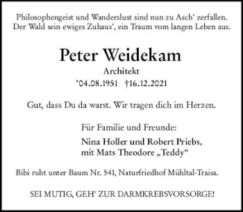 Traueranzeige von Peter Weidekam von vrm-trauer Darmstädter Echo