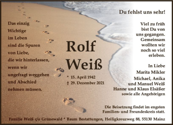 Traueranzeige von Rolf Weiß von vrm-trauer AZ Mainz