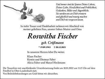 Traueranzeige von Roswitha Fischer von vrm-trauer Bürstädter/Lamperth. Ztg/Starkenburger