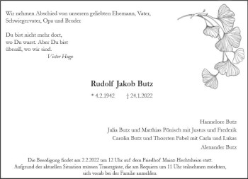 Traueranzeige von Rudolf Jakob Butz von vrm-trauer AZ Mainz
