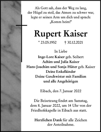 Traueranzeige von Rupert Kaiser von Dill Block