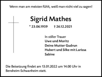 Traueranzeige von Sigrid Mathes von vrm-trauer Bergsträßer Anzeiger
