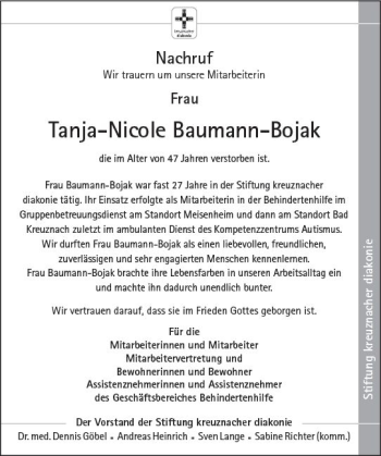 Traueranzeige von Tanja-Nicole Baumann-Bojak von vrm-trauer Allg. Zeitung Bad Kreuznach