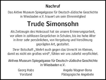 Traueranzeige von Trude Simonsohn von vrm-trauer Wiesbadener Kurier